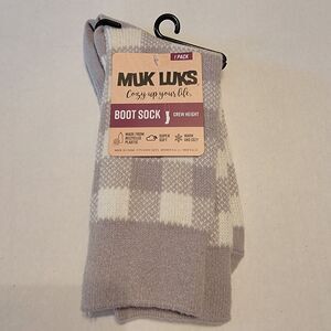 Muk Luks Boot Socks Crew Height Grey Plaid - Size 6-11W / 6-10M NWT